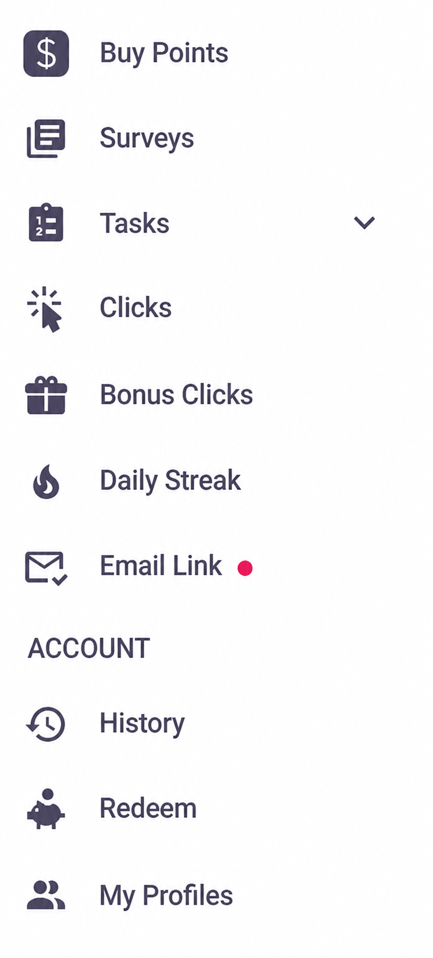 TimeWall side menu showing Buy Points, Surveys, Tasks, Clicks, Bonus Clicks, Daily Streak, Email Link, History, Redeem and My Profiles
