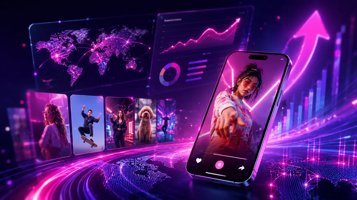 A bright TikTok-inspired dashboard showing fast-rising viral videos, growth speed, engagement stats, and trend discovery cards on TikPink