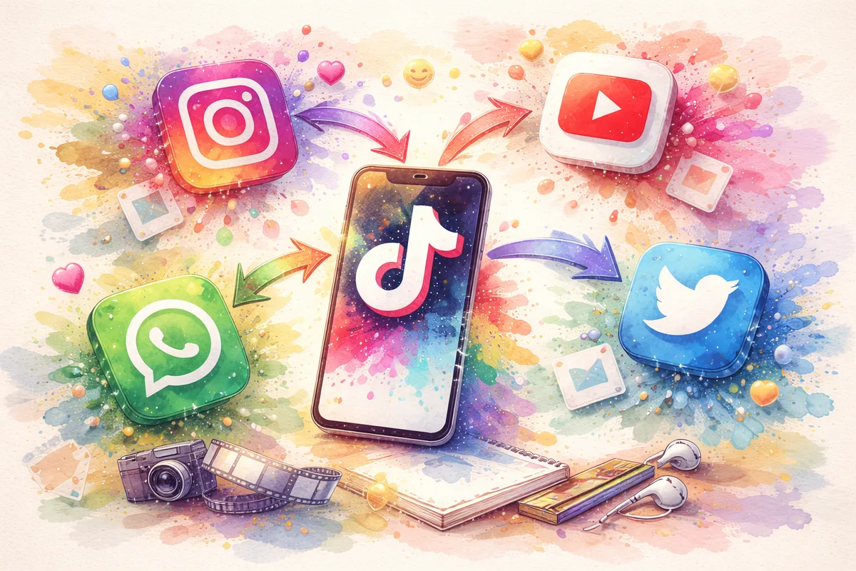 Creative illustration representing TikTok video repurposing across multiple social media platforms
