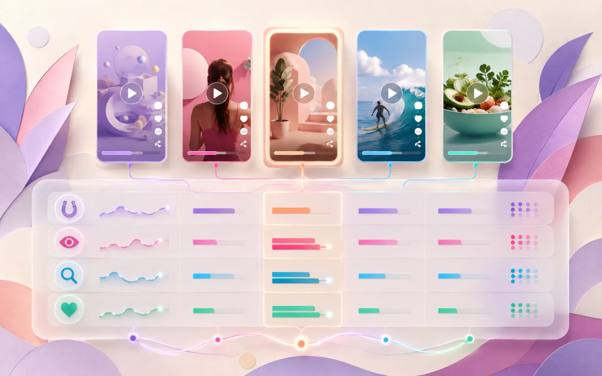 Illustration of five short-form videos compared across shared discovery, attention and response signals.
