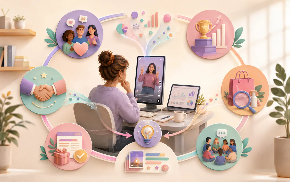 Illustration of a creator using video analysis to support partnerships, product discovery, community and sustainable growth.