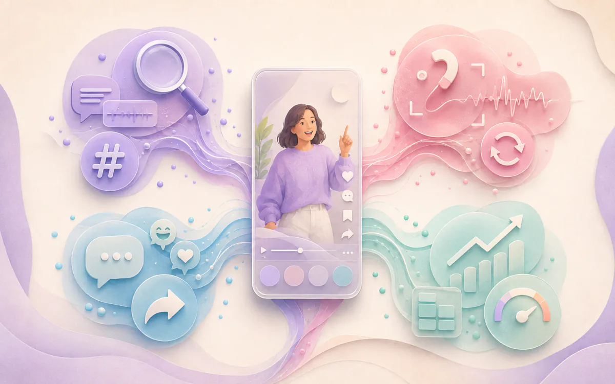 Illustration mapping discovery, attention, audience response and growth signals around one short-form video.