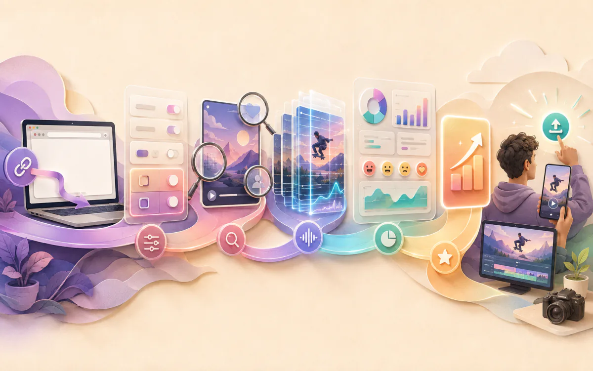 Illustration showing a public video link moving through analysis and becoming an improved publishing decision.